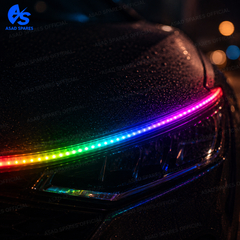 Bright blue LED hood light operating as daytime running light for improved road presence and safety
