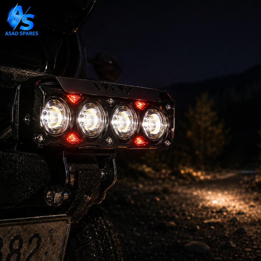Bright Devil Eyes LED spotlight creating striking yellow and white halo effect on motorcycle during nighttime riding