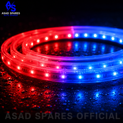 LED interior strip light illuminating car doors dashboard and center console with vibrant red and blue glow
