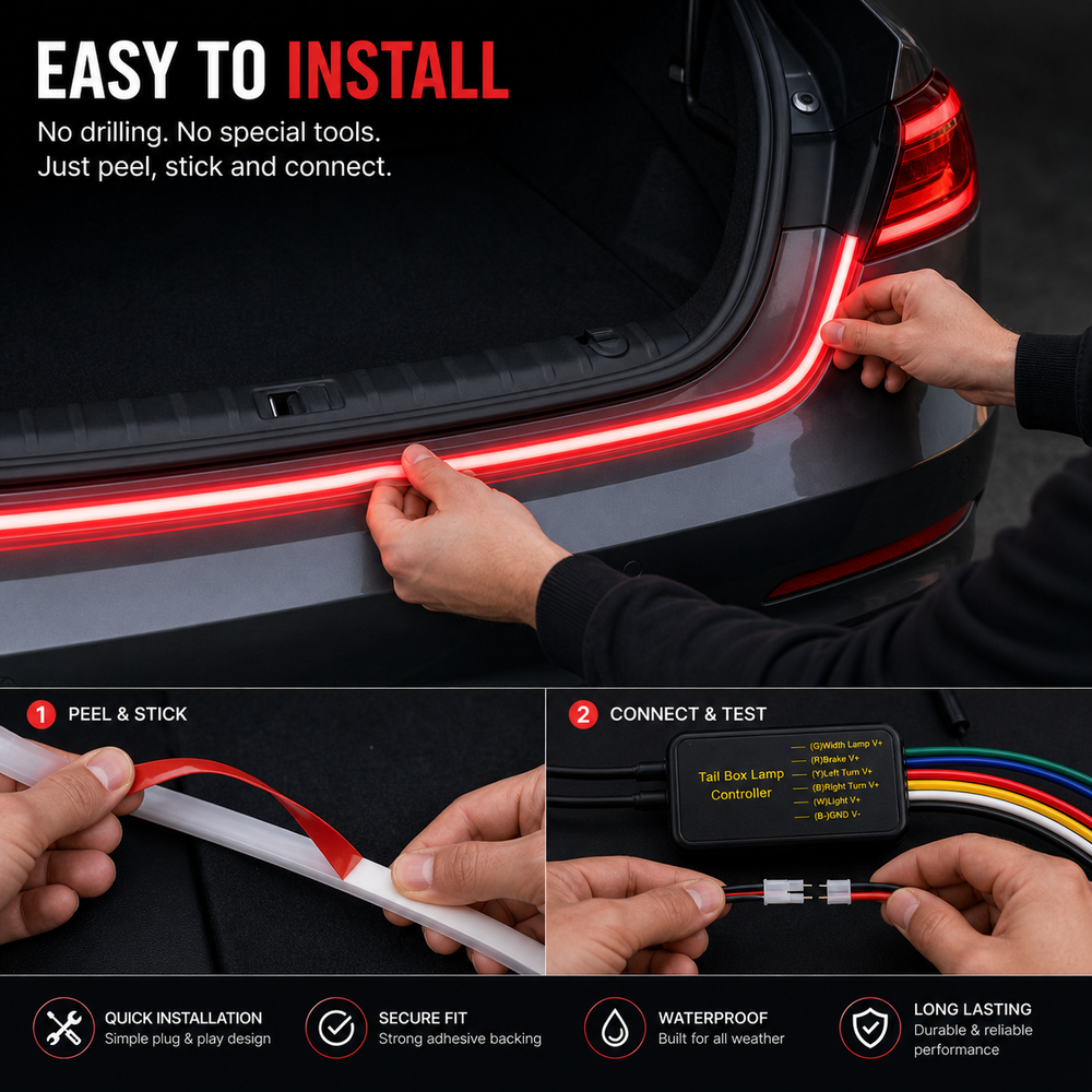 : Waterproof flexible 12V LED brake strip light suitable for cars SUVs pickups and commercial vehicles
