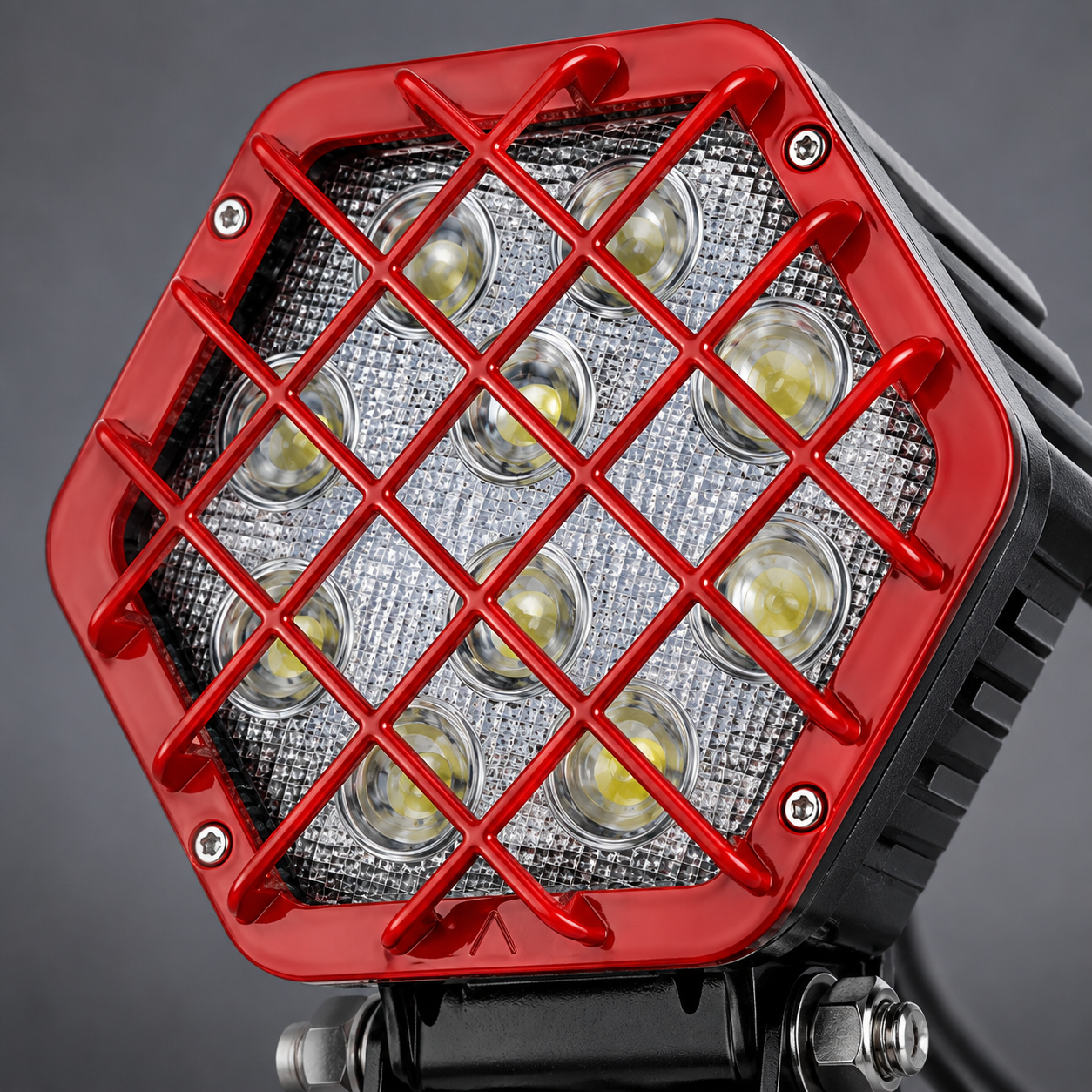 Waterproof 4.5 inch red LED work light with rugged metal body and protective cover for off-road vehicles
