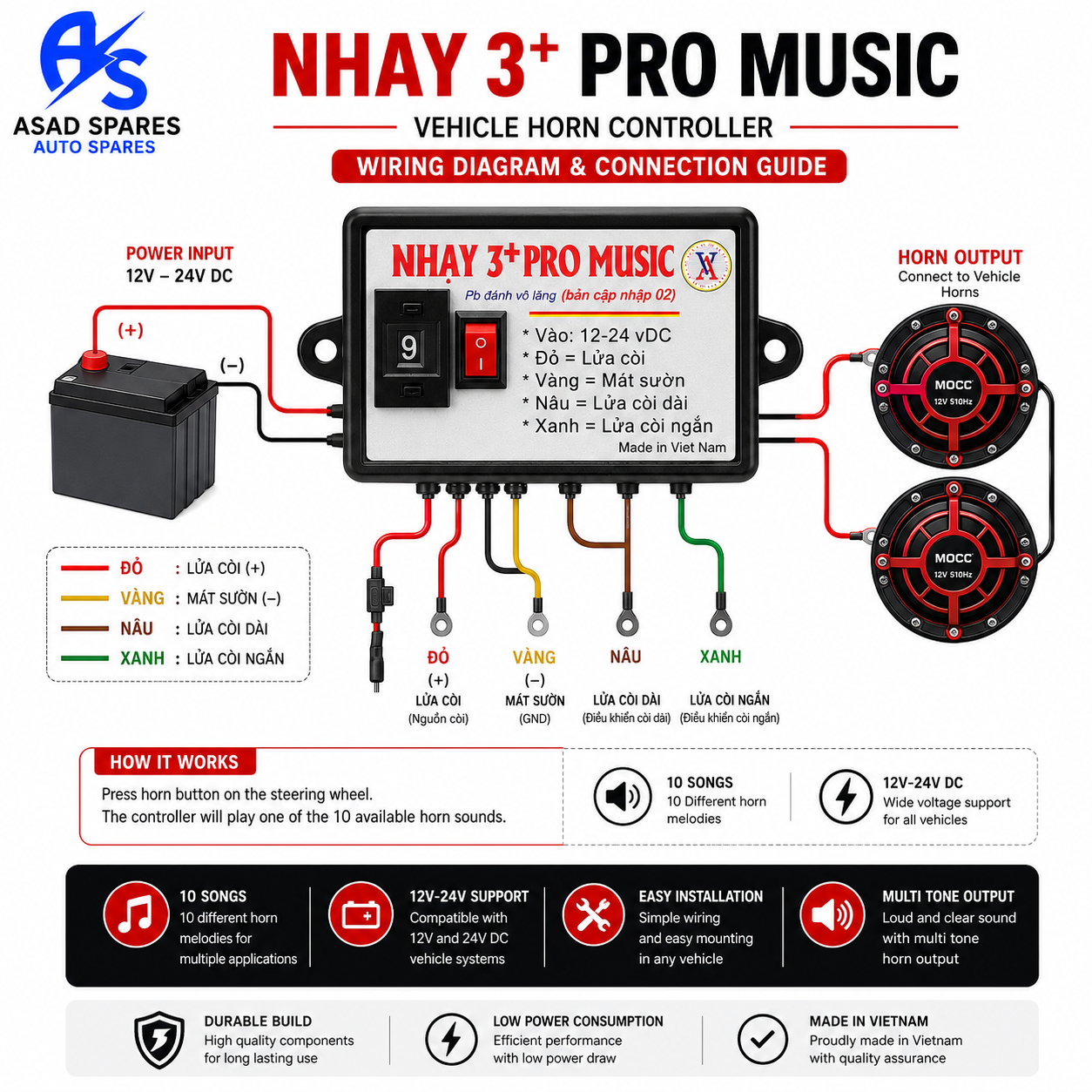 12V to 24V horn controller compatible with trucks trailers buses boats and commercial vehicles