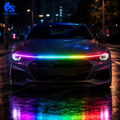 Blue LED DRL strip installed along car hood edge for enhanced visibility and modern vehicle styling