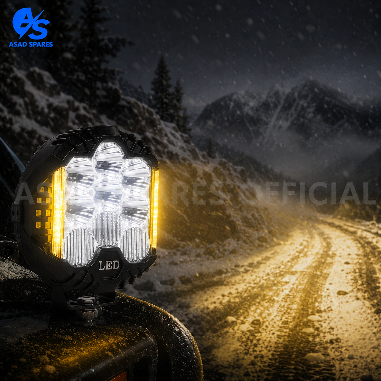 LED fog spotlights mounted on Jeep front bumper for off-road driving adventure and nighttime trail visibility