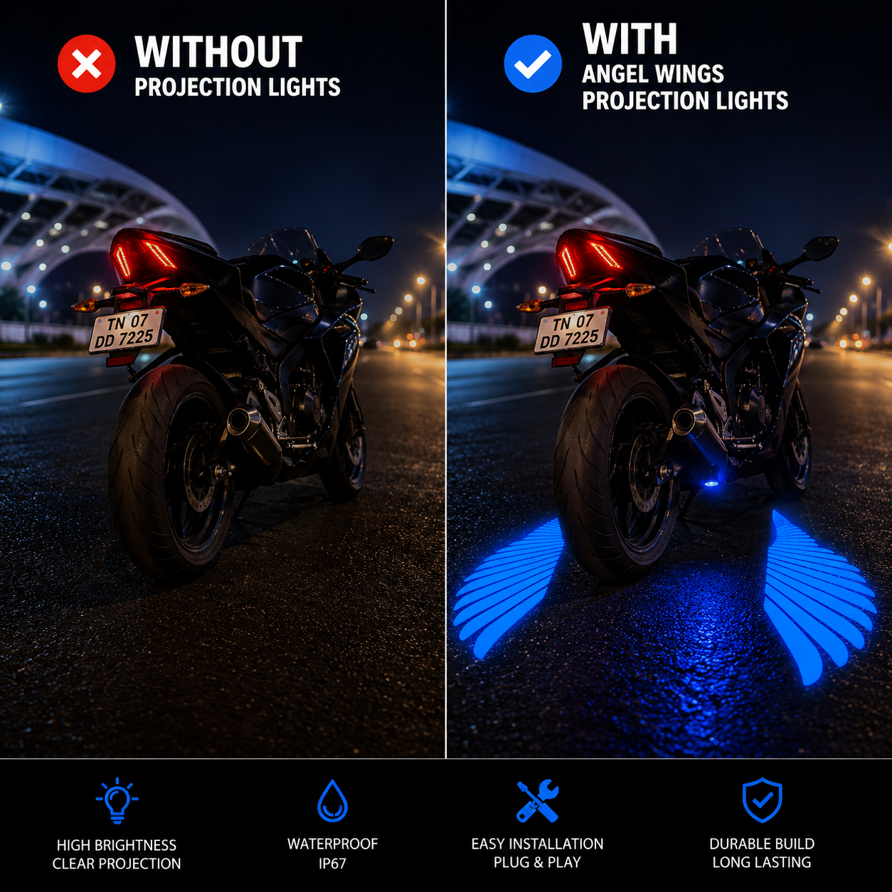 Angel Wing LED projector light mounted under motorcycle chassis for dramatic underglow and premium styling effect