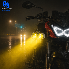 : YL2 2-lens LED work light mounted on motorcycle crash bars for enhanced nighttime visibility and riding safety