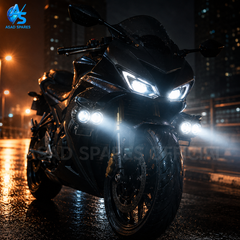 Owl Explorer 2X high brightness LED spotlight mounted on motorcycle crash bar for touring and adventure riding