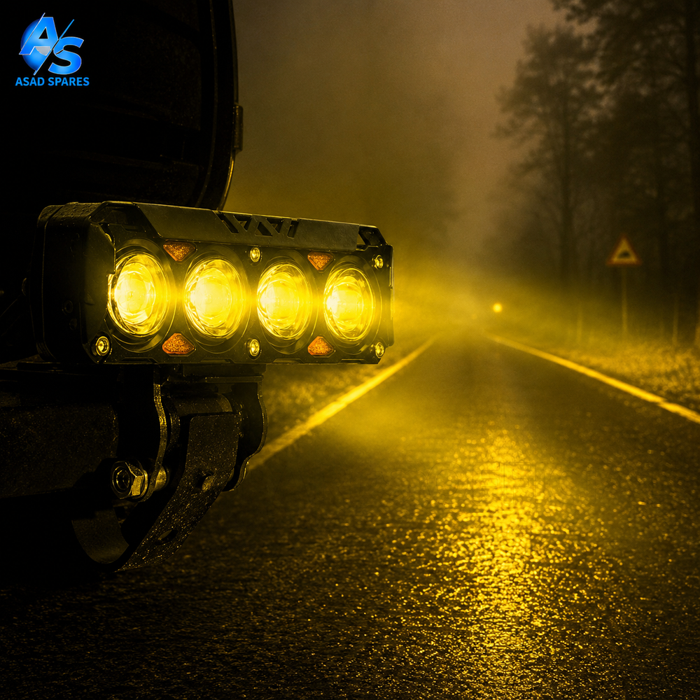 4-bead LED hooded spotlight mounted on motorcycle crash bar for improved night riding safety and aggressive styling