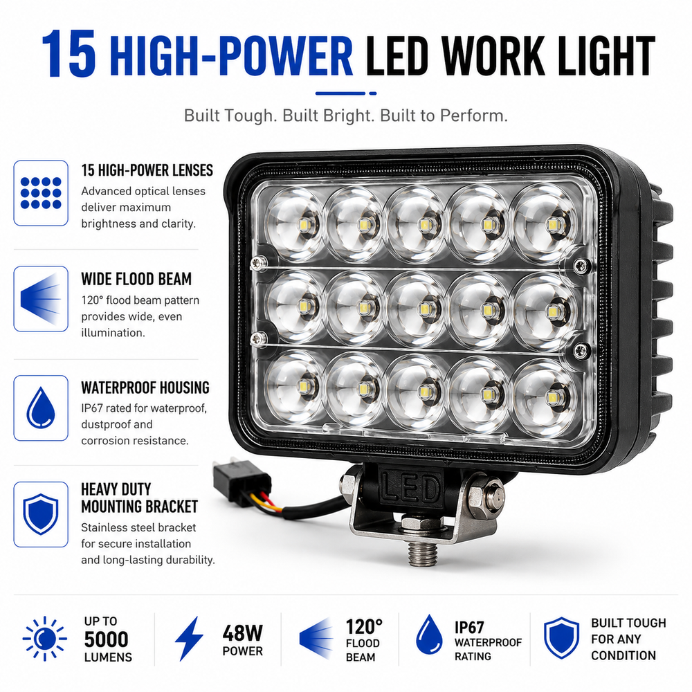 Bright 15 LED driving lamp illuminating dark roads trails and work areas for safer nighttime operation