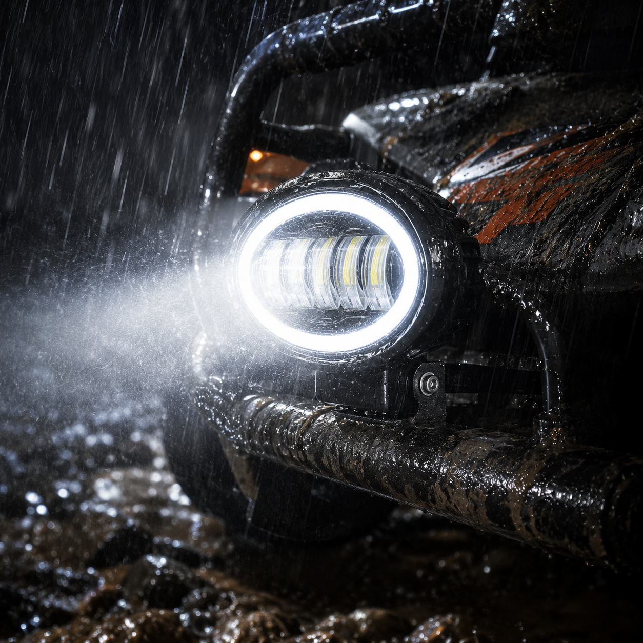 High brightness five-eye LED headlight illuminating dark roads and off-road paths with wide beam coverage