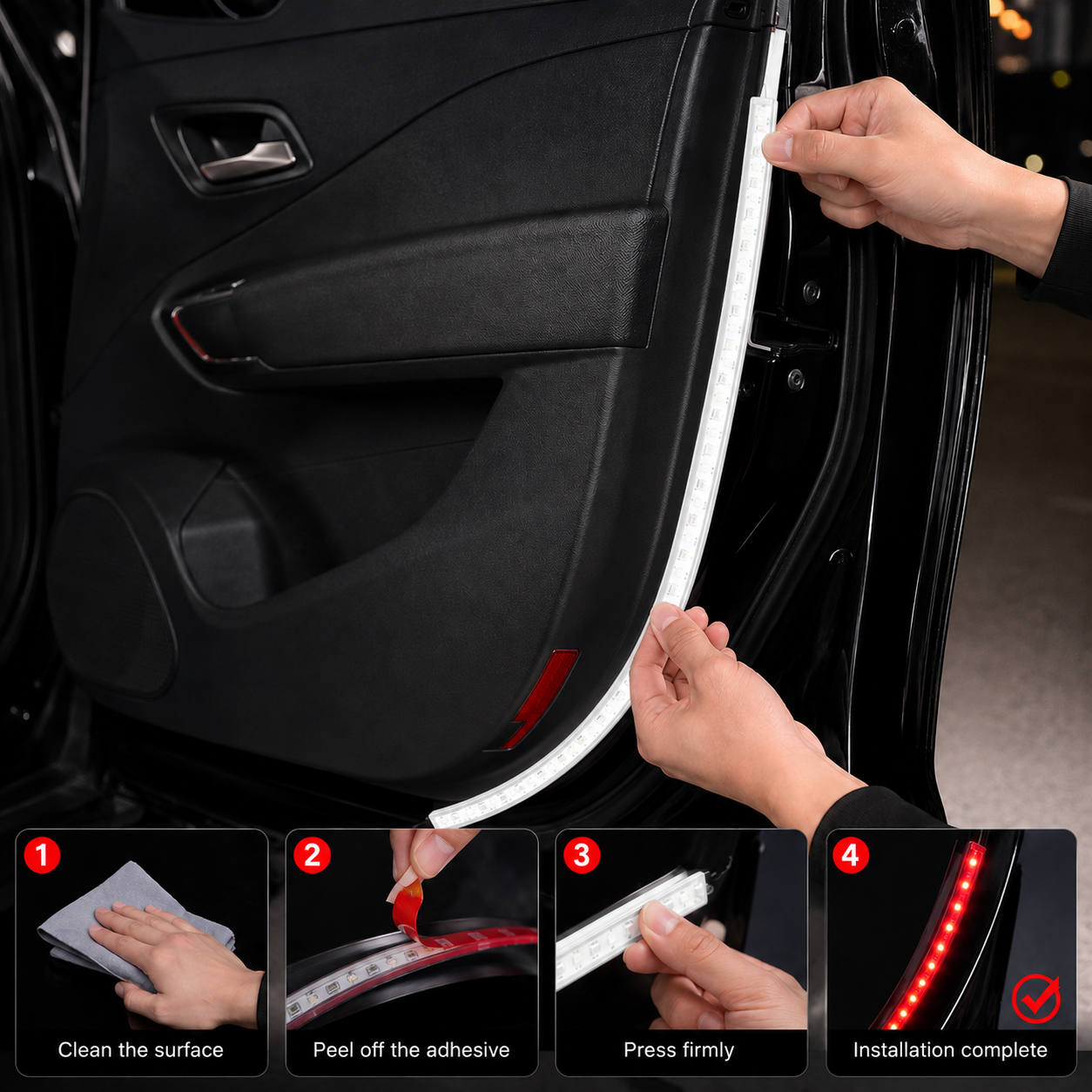 : Flowing LED car door light glowing brightly at night for enhanced passenger safety and roadside visibility