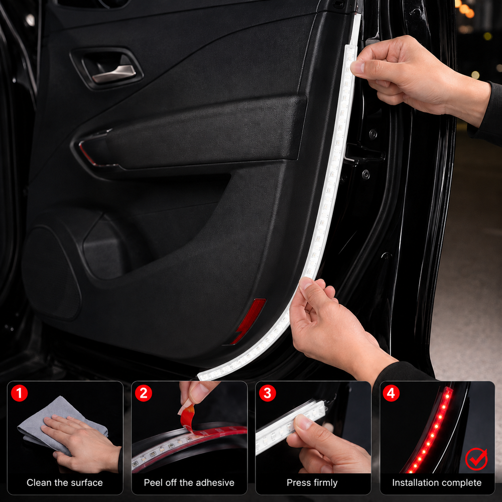 : Flowing LED car door light glowing brightly at night for enhanced passenger safety and roadside visibility