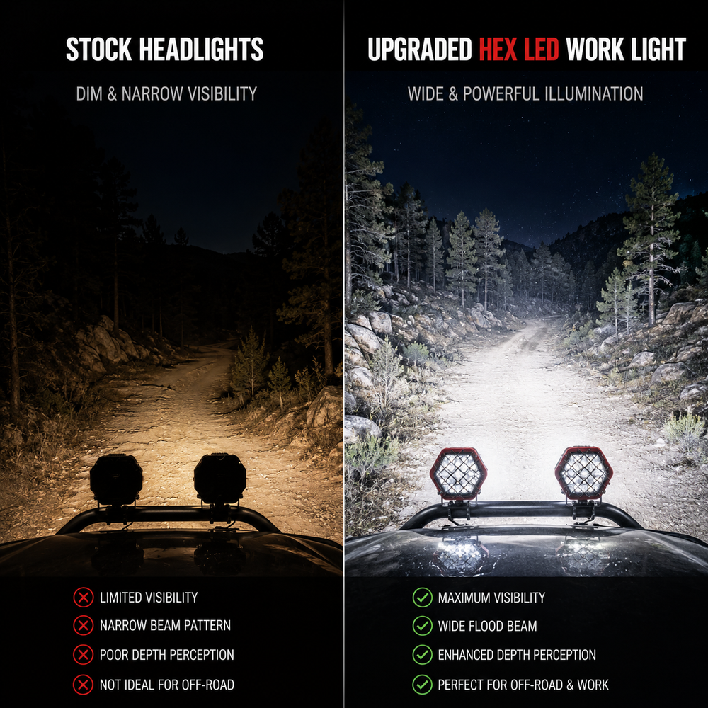 Bright red LED work light illuminating dark road for trucks trailers and construction vehicles nighttime visibility
