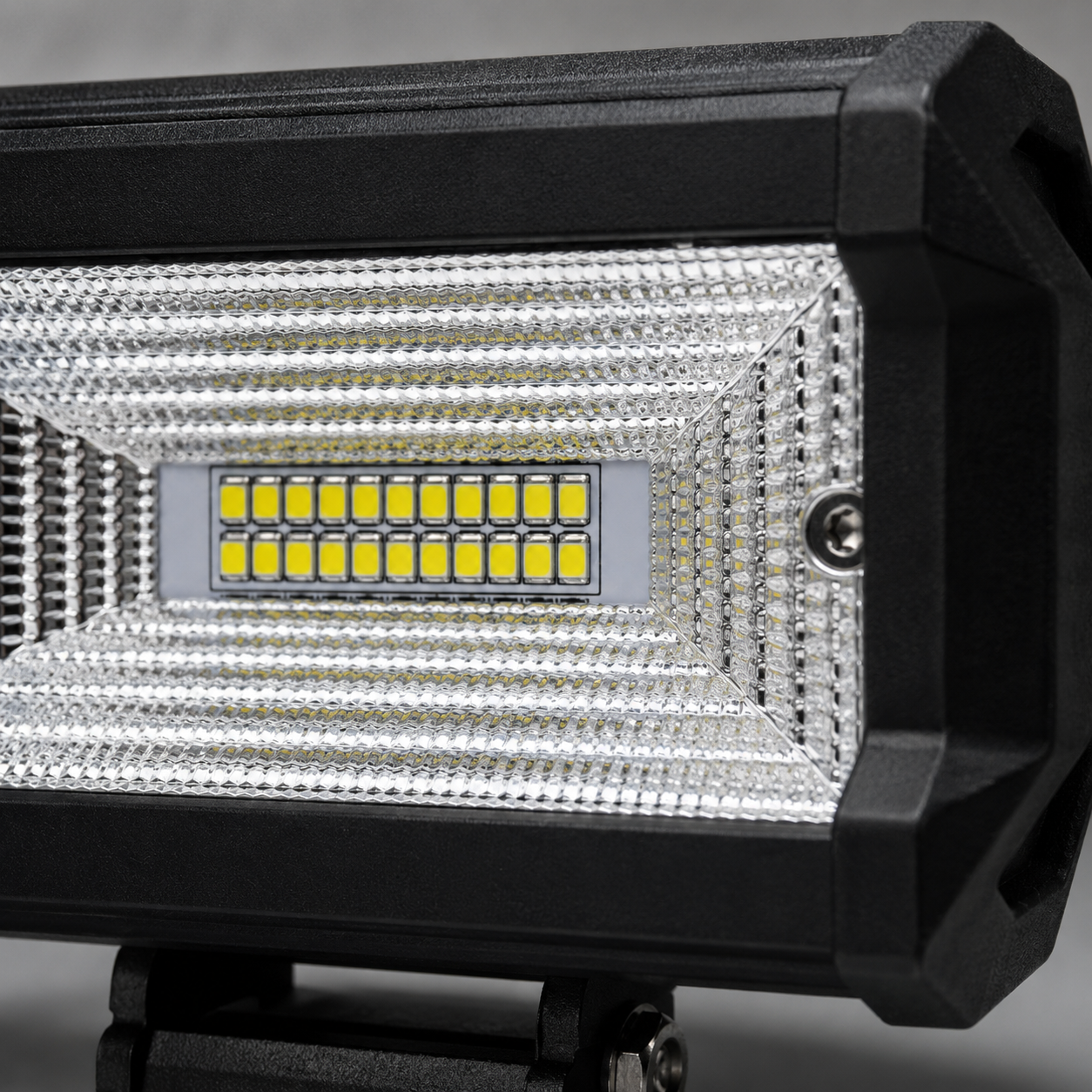 Bright LED work lamps illuminating construction site and off-road terrain during nighttime operations