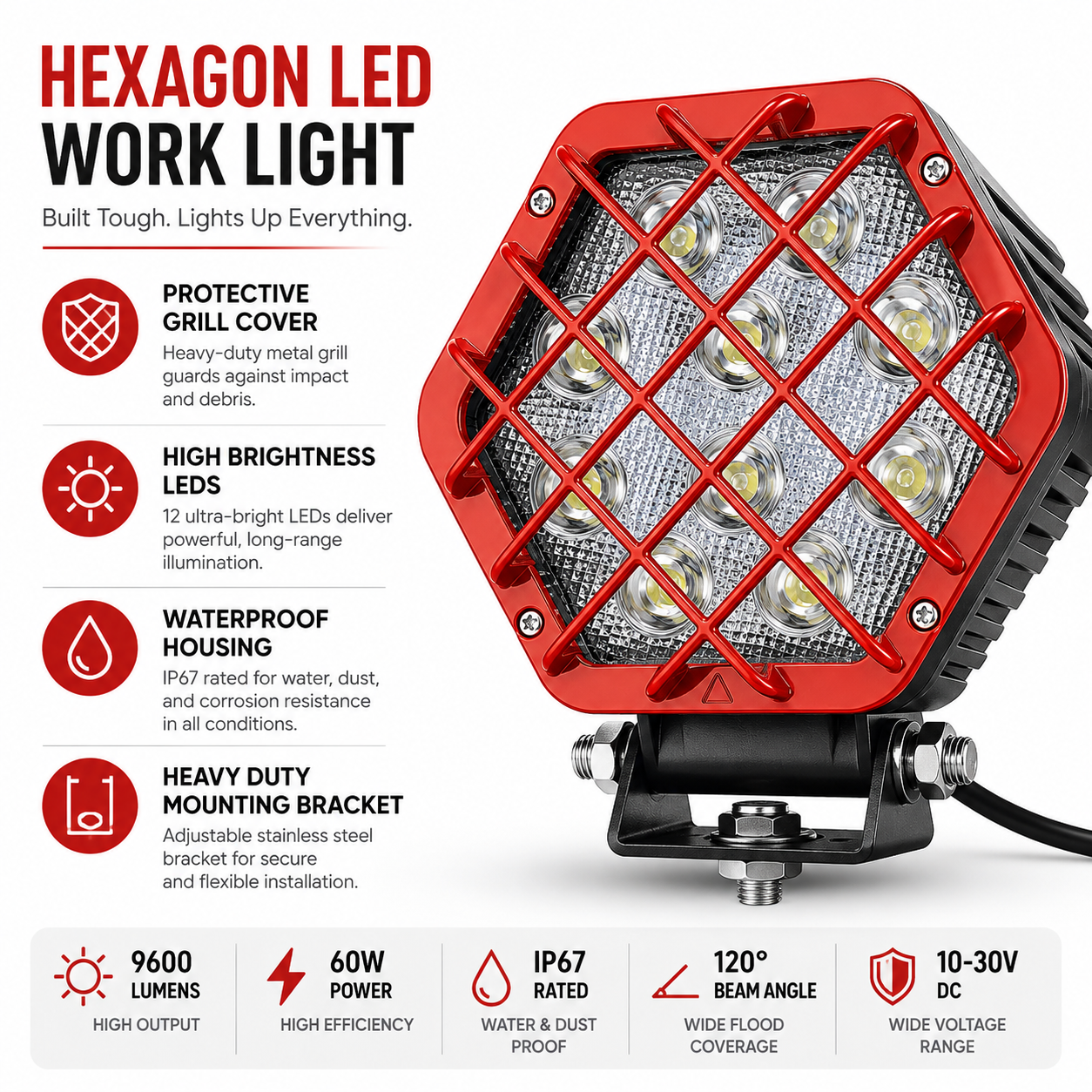 ASAD SPARES red LED work light package including mounting hardware protective cover and wiring accessories