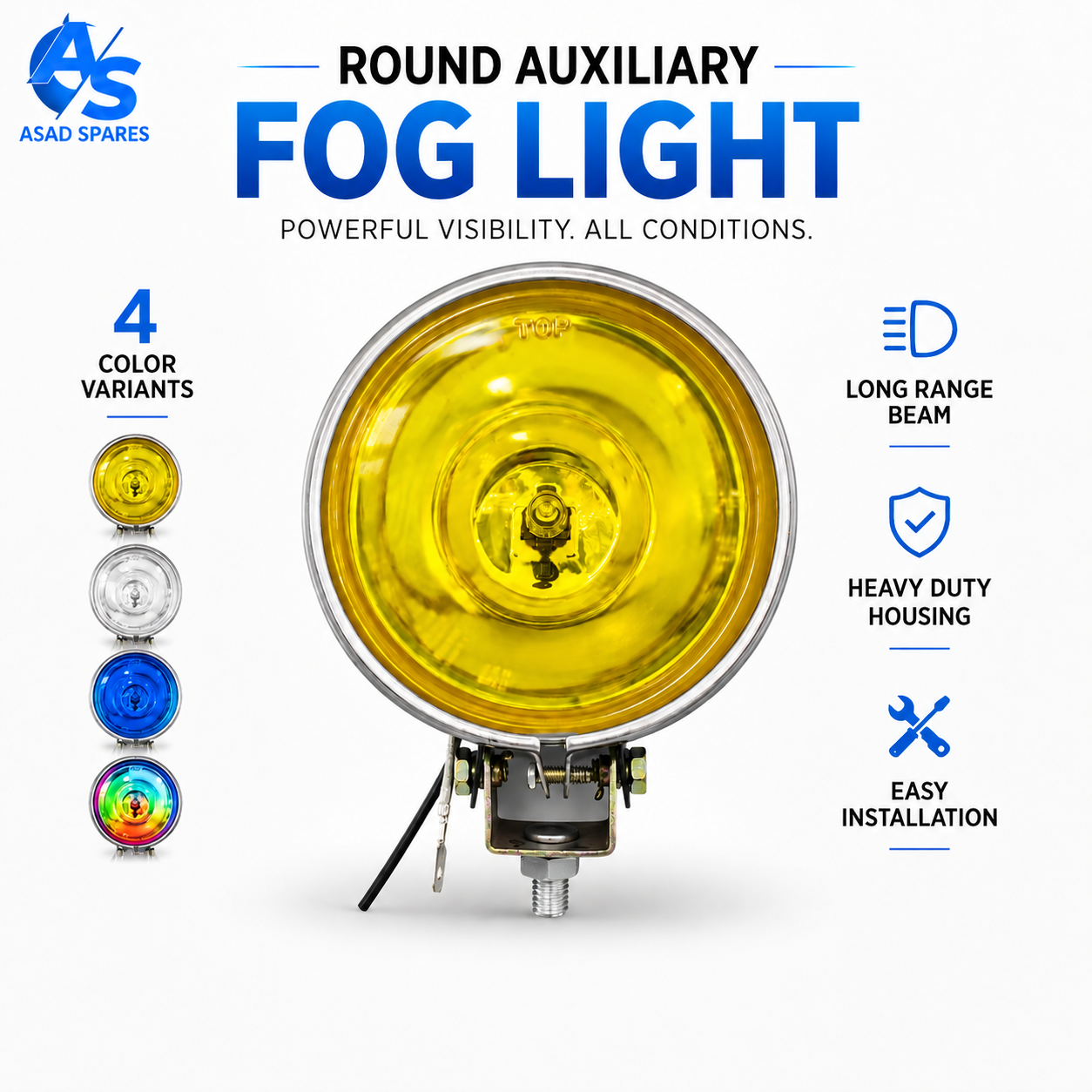 ASAD SPARES 4 inch round halogen fog lamp kit with mounting brackets hardware and installation accessories
