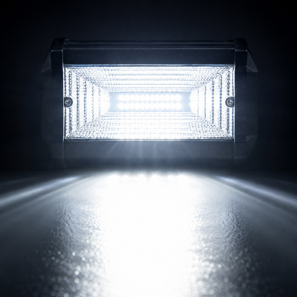 Dual LED work lamps producing bright wide beam lighting for improved nighttime driving and work visibility