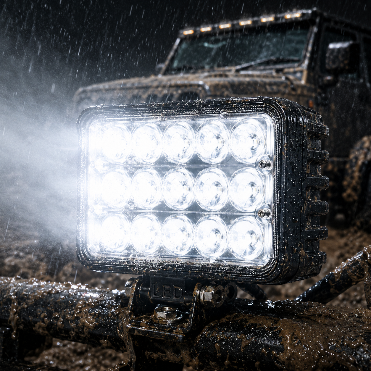 Close-up of durable 15 LED auxiliary lamp with rugged housing and high clarity optical lens design
