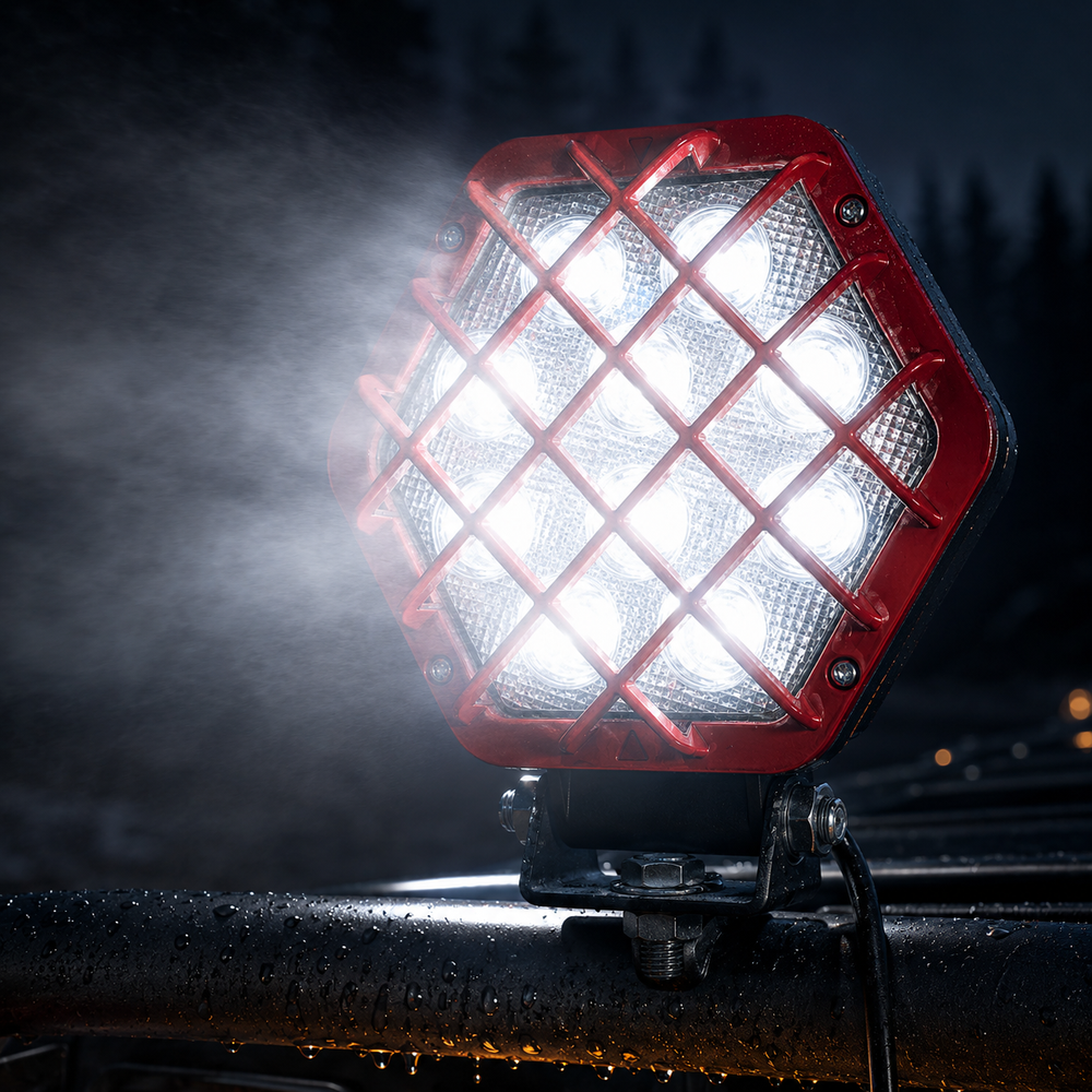 : Close-up of red LED work light protective cover durable housing for heavy duty truck lighting by ASAD SPARES
