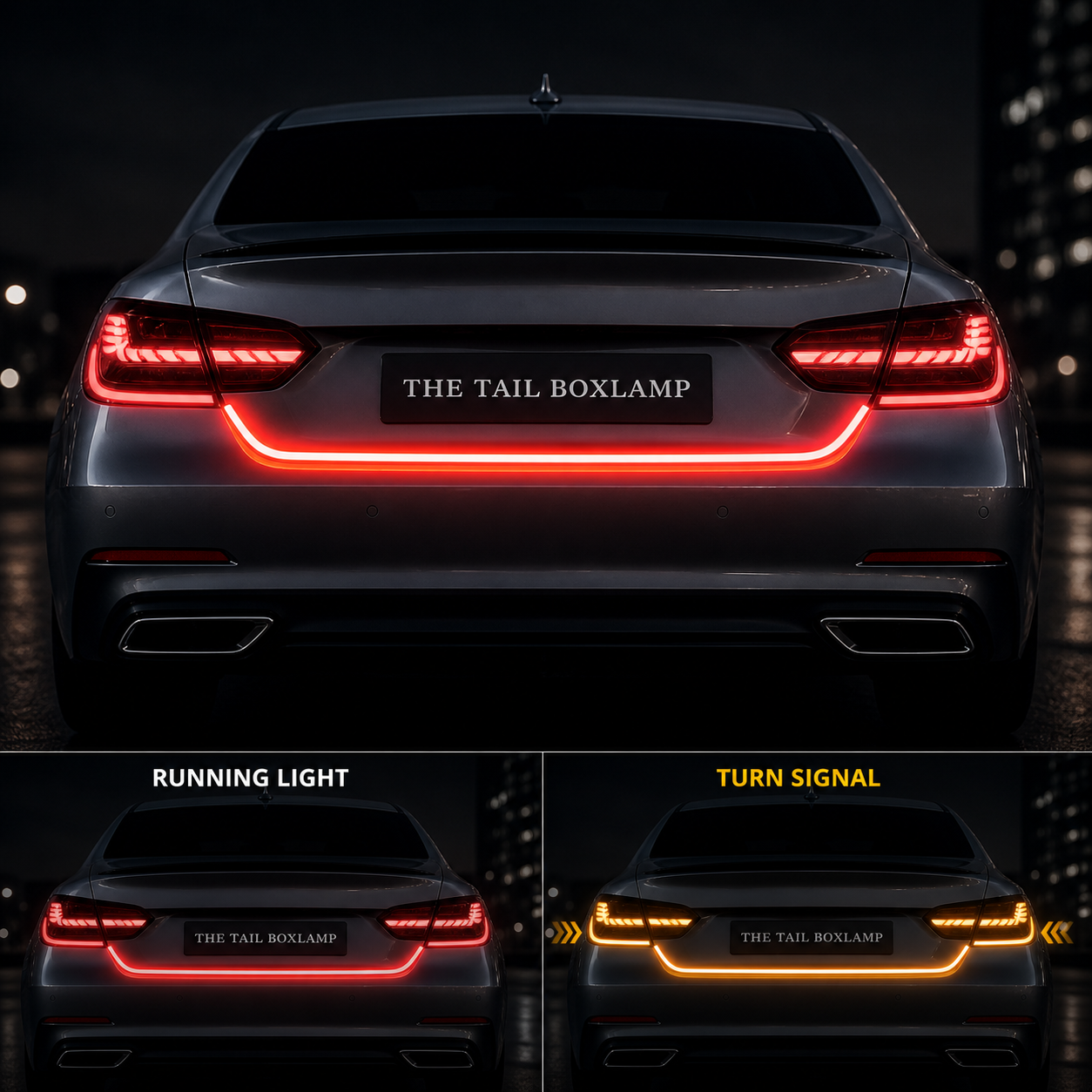 Bright LED brake strip light displaying tail brake and turn signal functions for safer nighttime driving visibility