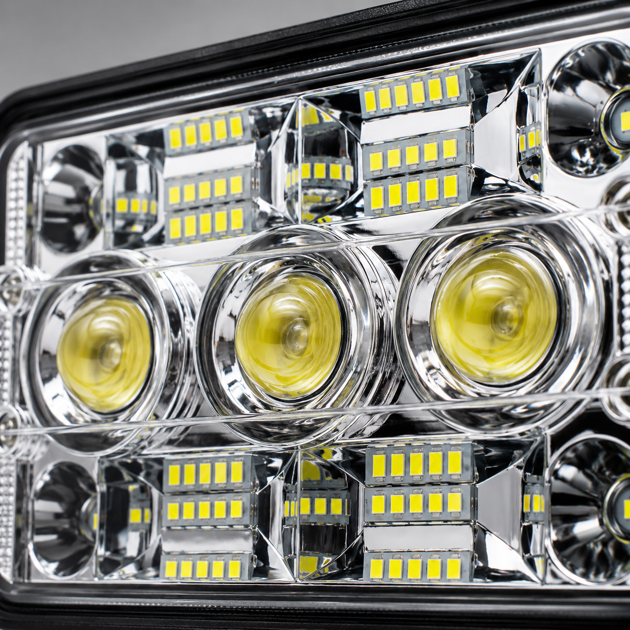 Close-up of durable round LED work light with heavy-duty housing designed for demanding environments