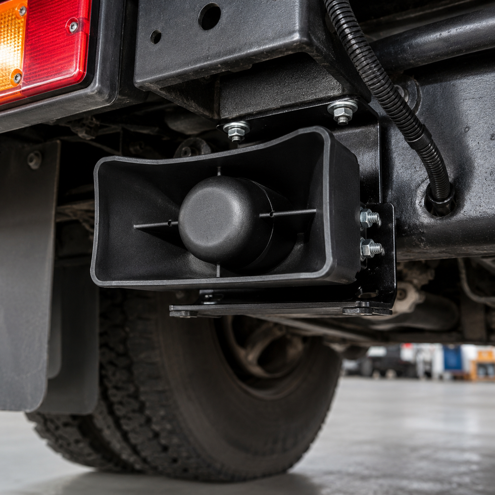 High volume backup alarm providing clear audible reverse warning for trucks trailers and machinery
