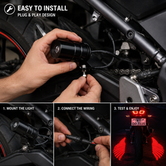 12V Angel Wing projector light installed near motorcycle tail section for enhanced visibility and eye-catching appearance