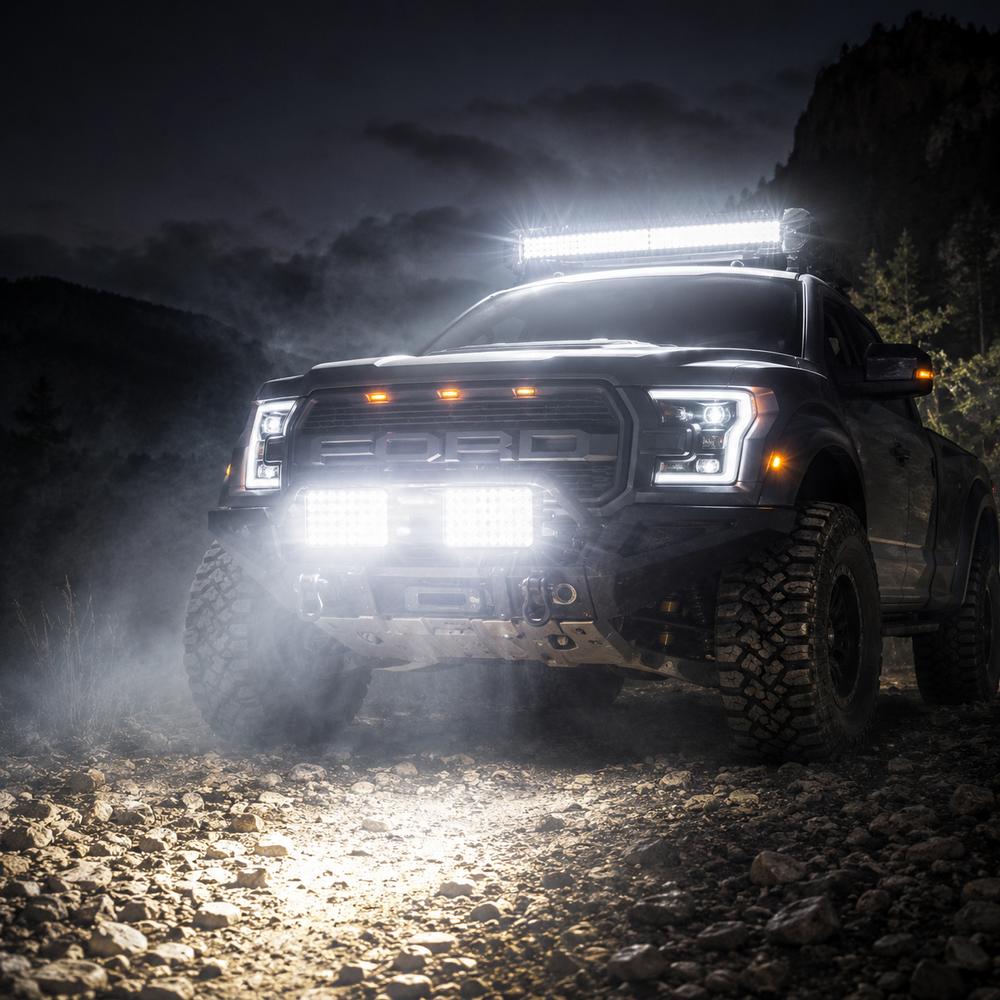 6 inch LED work light mounted on truck bumper for improved nighttime driving and worksite illumination