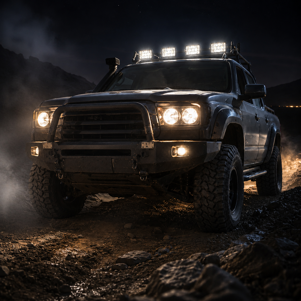 12V round LED work light mounted on truck bumper for enhanced nighttime visibility and safer operation