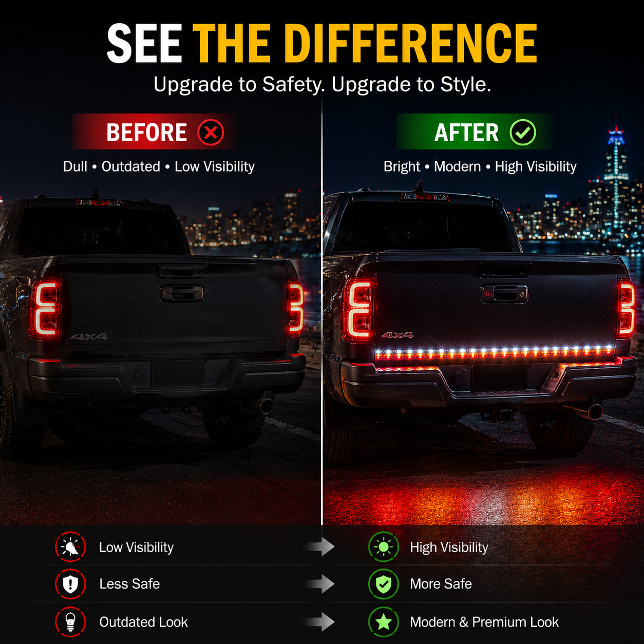 Bright LED brake and reverse tail light bar glowing at night for improved road safety and rear visibility