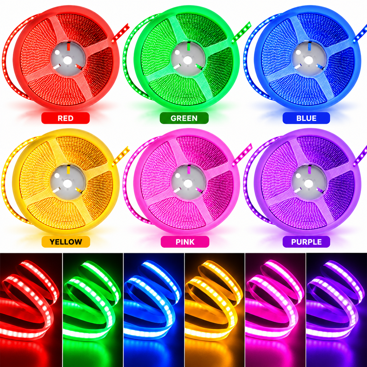 COB LED Strip Roll 5M & 10M – Red, Green, Blue, Yellow, Pink & Purple