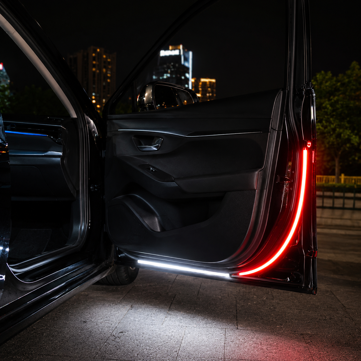 Flowing LED door light creating stylish welcome illumination when car door opens for premium vehicle appearance