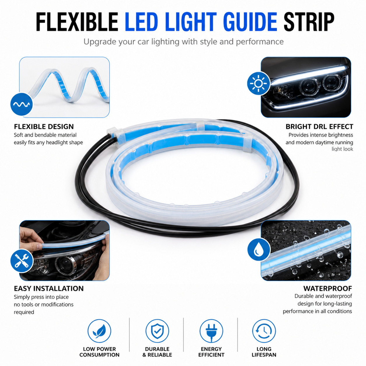 Flowing amber LED DRL strip turn signal animation for cars with stylish sequential indicator lighting