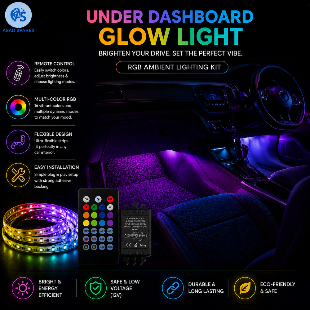 Multicolor RGB footwell LED strips illuminating car interior at night with premium ambient lighting effect