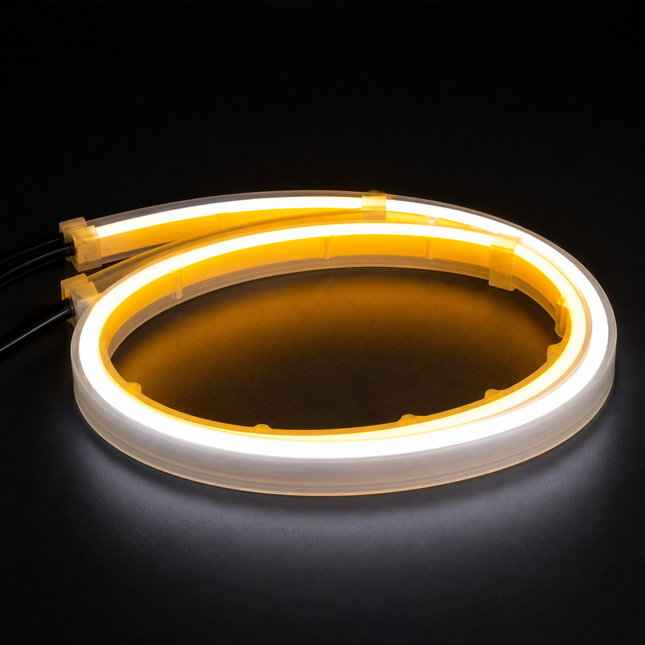 Premium car headlight upgrade with flowing LED DRL strip in white and amber for modern automotive styling
