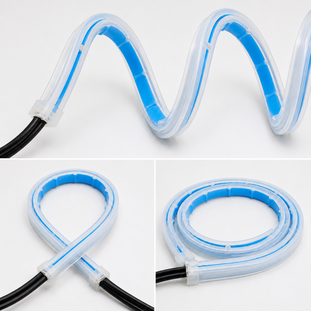 Flexible waterproof dual color LED DRL strip installed on car headlights with white daytime running light effect