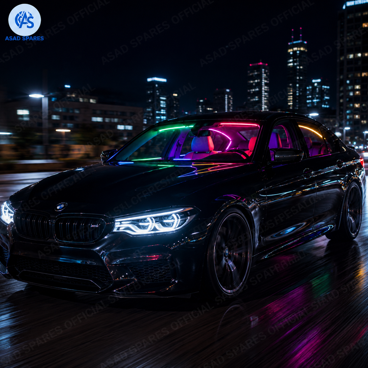Flexible 12V RGB neon LED strips installed under car dashboard and seats for stylish interior upgrade
