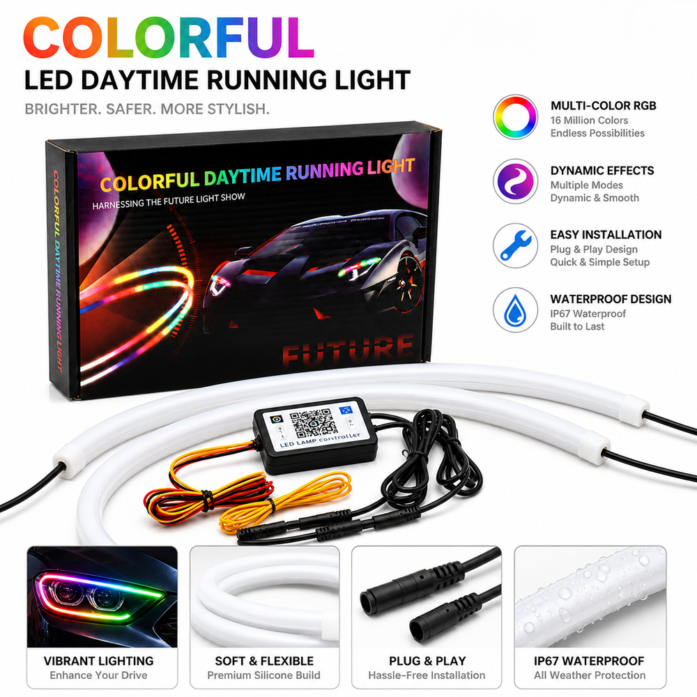 Flexible 45CM and 60CM RGB LED headlight strip installation for cars with waterproof durable design