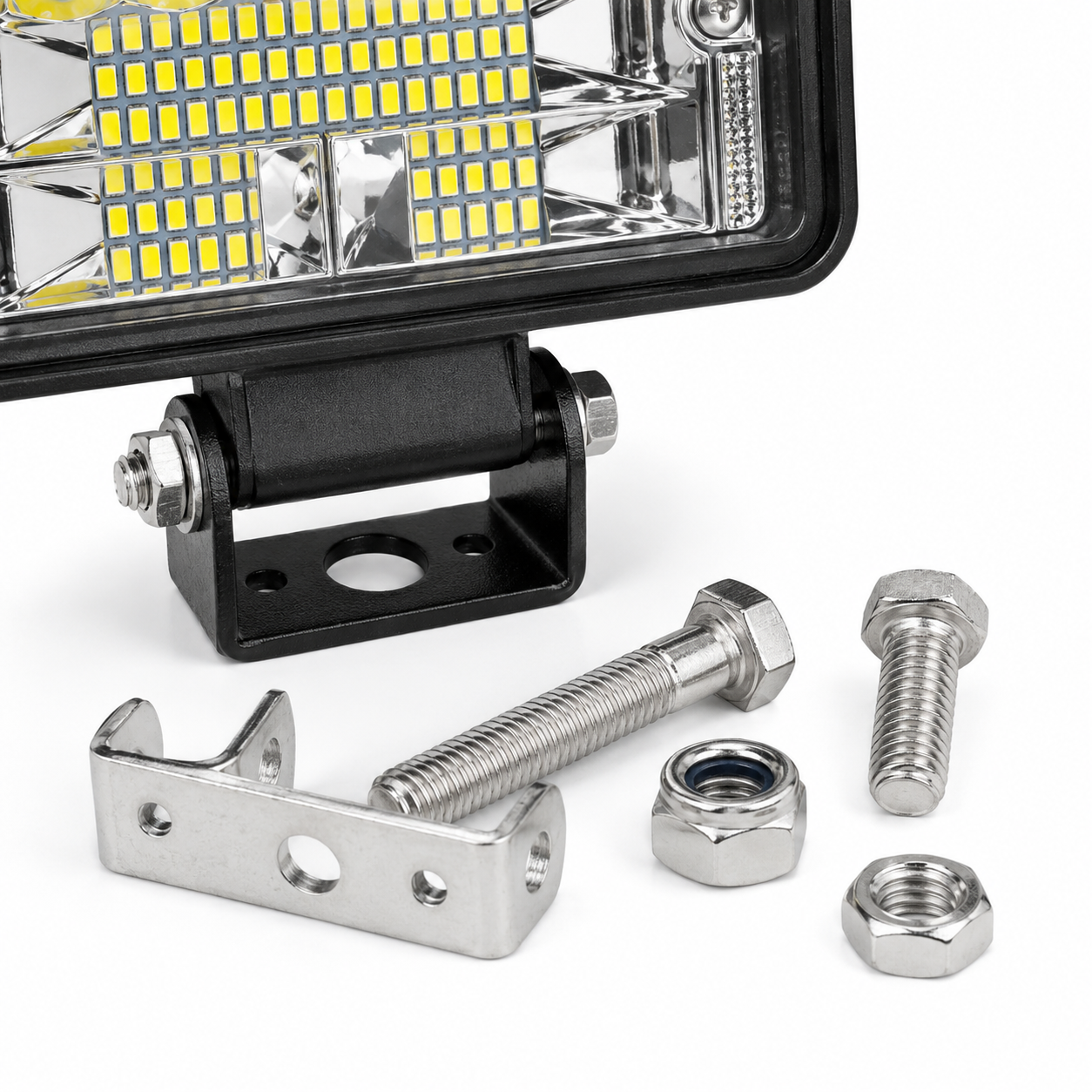 Closeup of heavy duty 4 inch LED work light with high brightness chips and rugged metal body by ASAD SPARES
