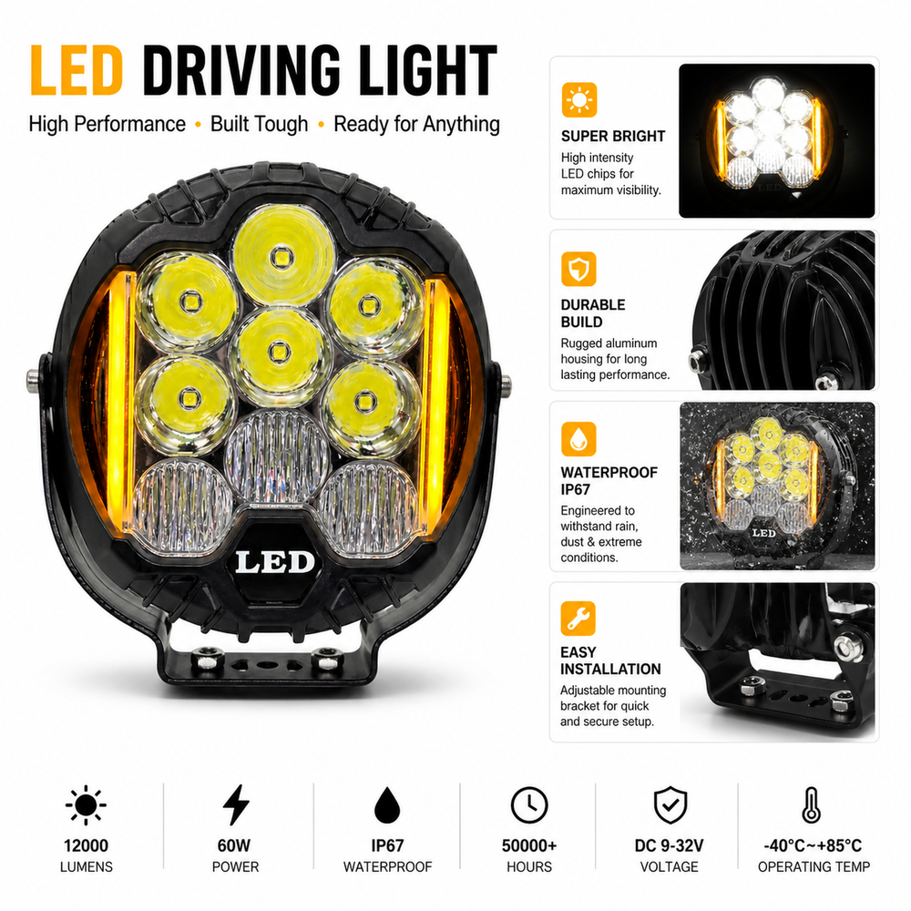 LED work light mounted on truck rooftop off road night driving powerful beam