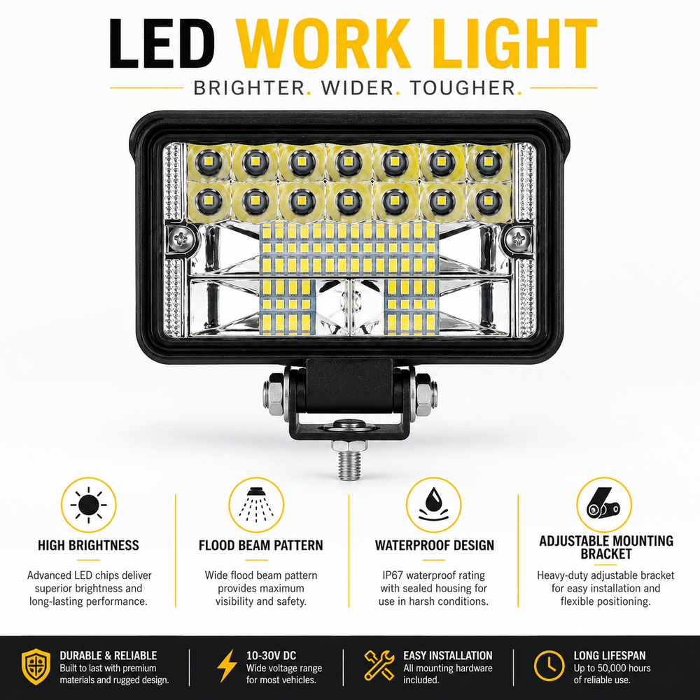Universal mount LED work light installation on tractor and utility vehicle for agricultural and outdoor applications