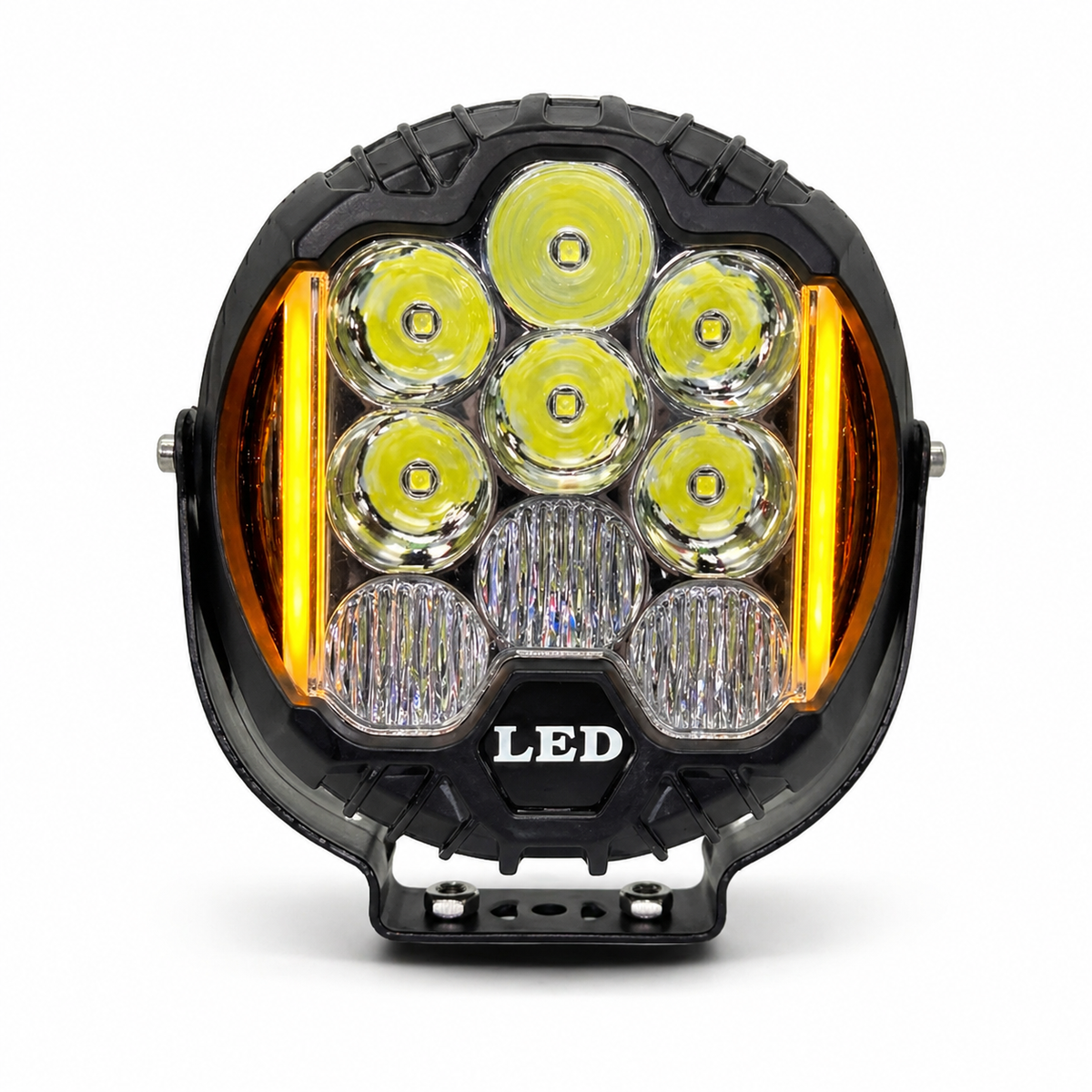 Heavy duty round LED work light with amber DRL strips for trucks high brightness waterproof