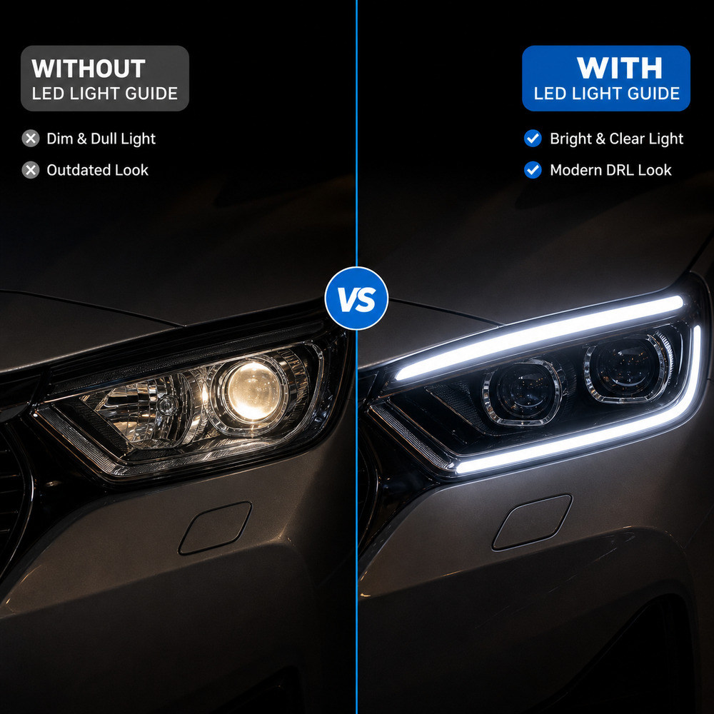 Waterproof dual color LED DRL strip glowing at night on vehicle headlights for enhanced road visibility and style