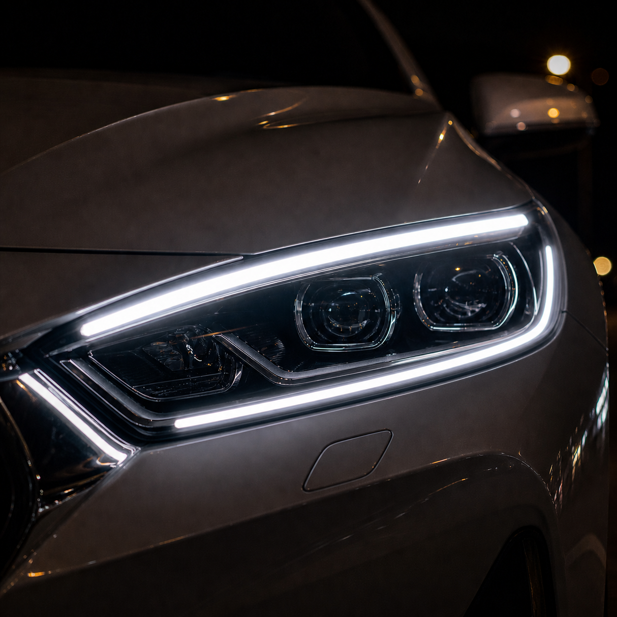 Closeup of white and amber dual color LED DRL strip featuring flexible waterproof and dustproof design