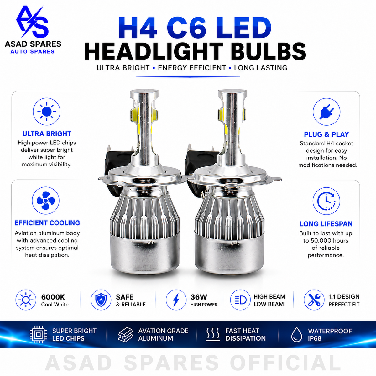 C6 H4 LED Headlight Bulb (12V)
