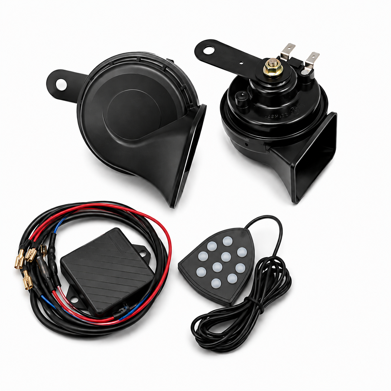 10 Sound Snail Horn 12V dual tone horn kit with controller relay and wiring harness for universal vehicle installation
