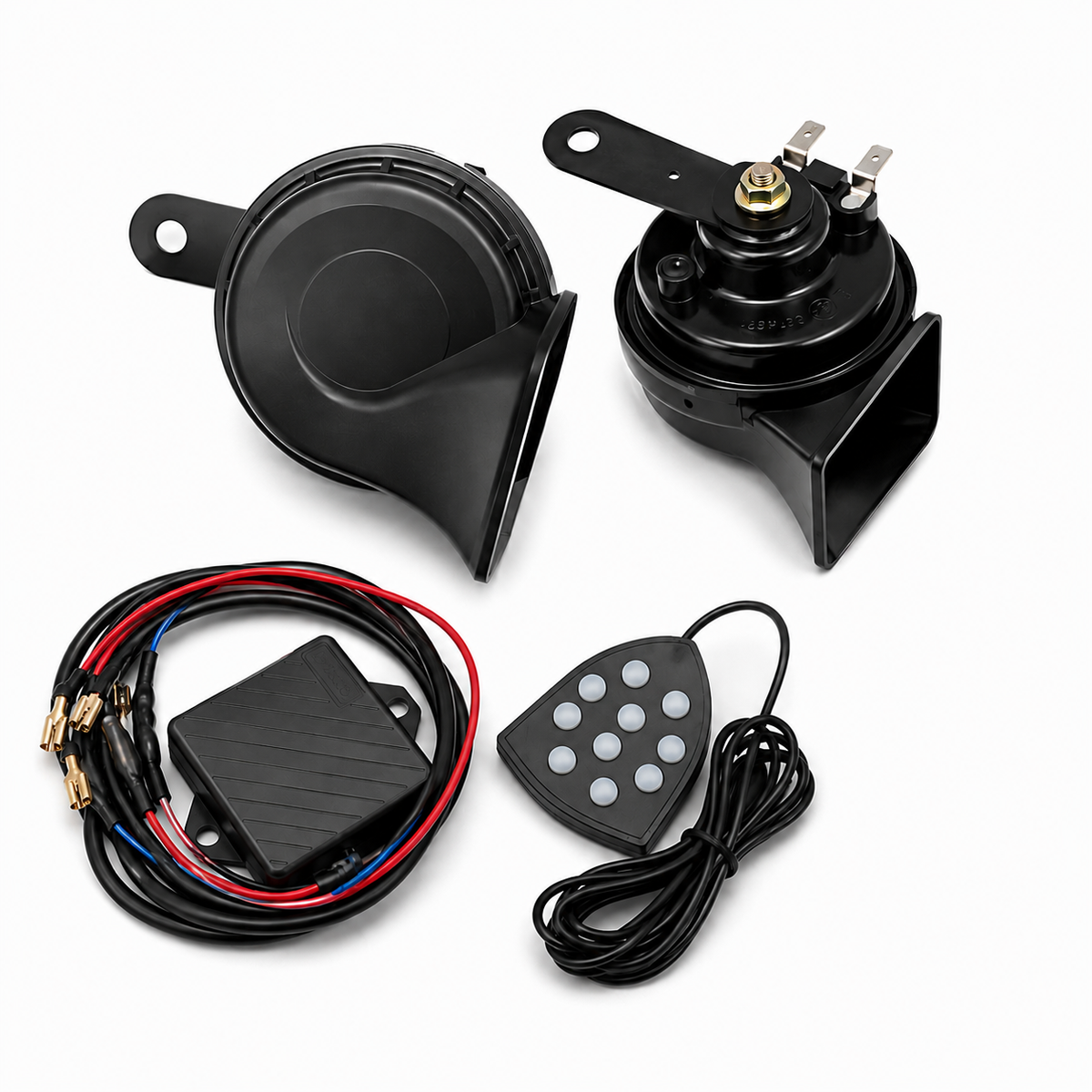 10 Sound Snail Horn 12V dual tone horn kit with controller relay and wiring harness for universal vehicle installation