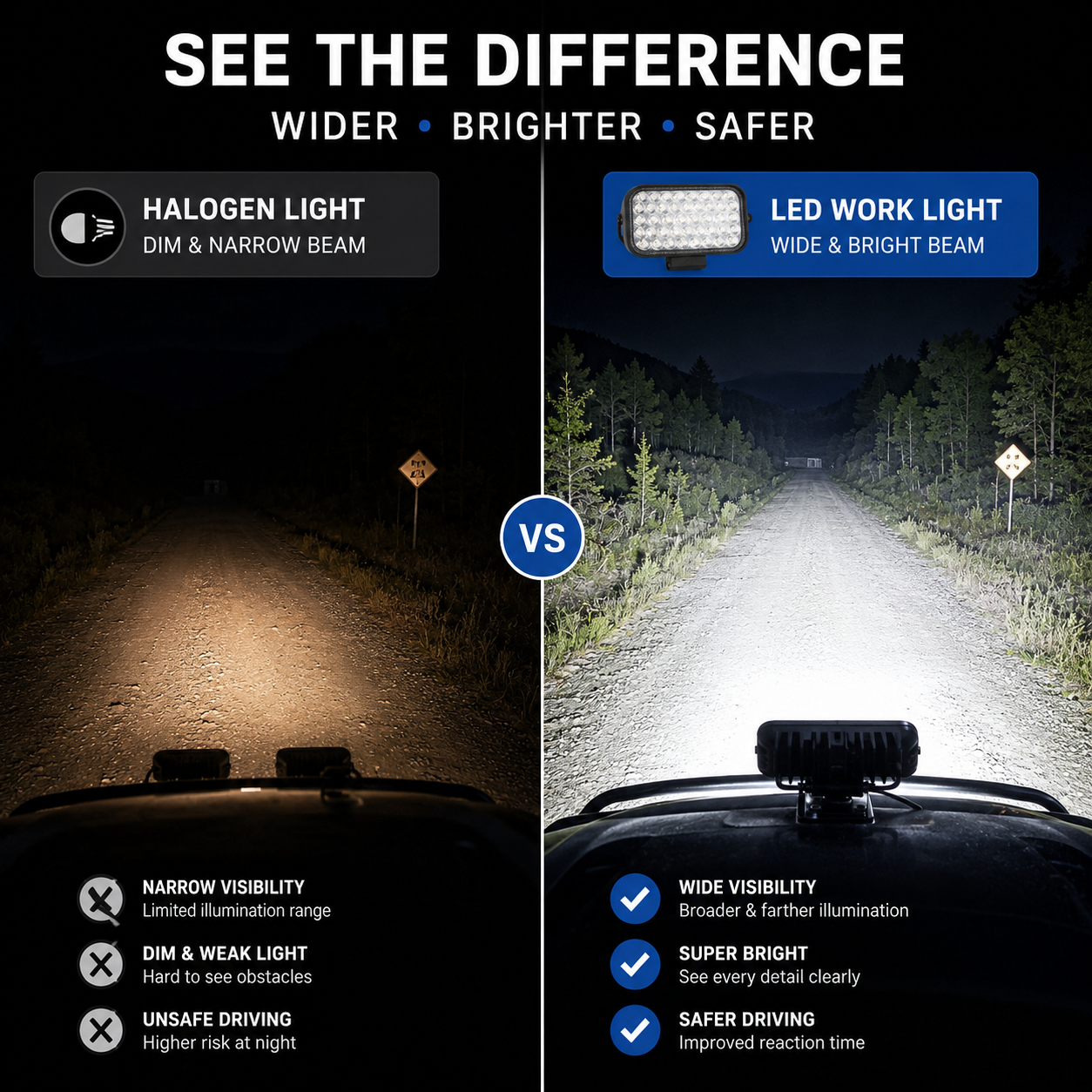High performance 43 LED work light installed on off-road vehicle for trail driving and rugged terrain visibility