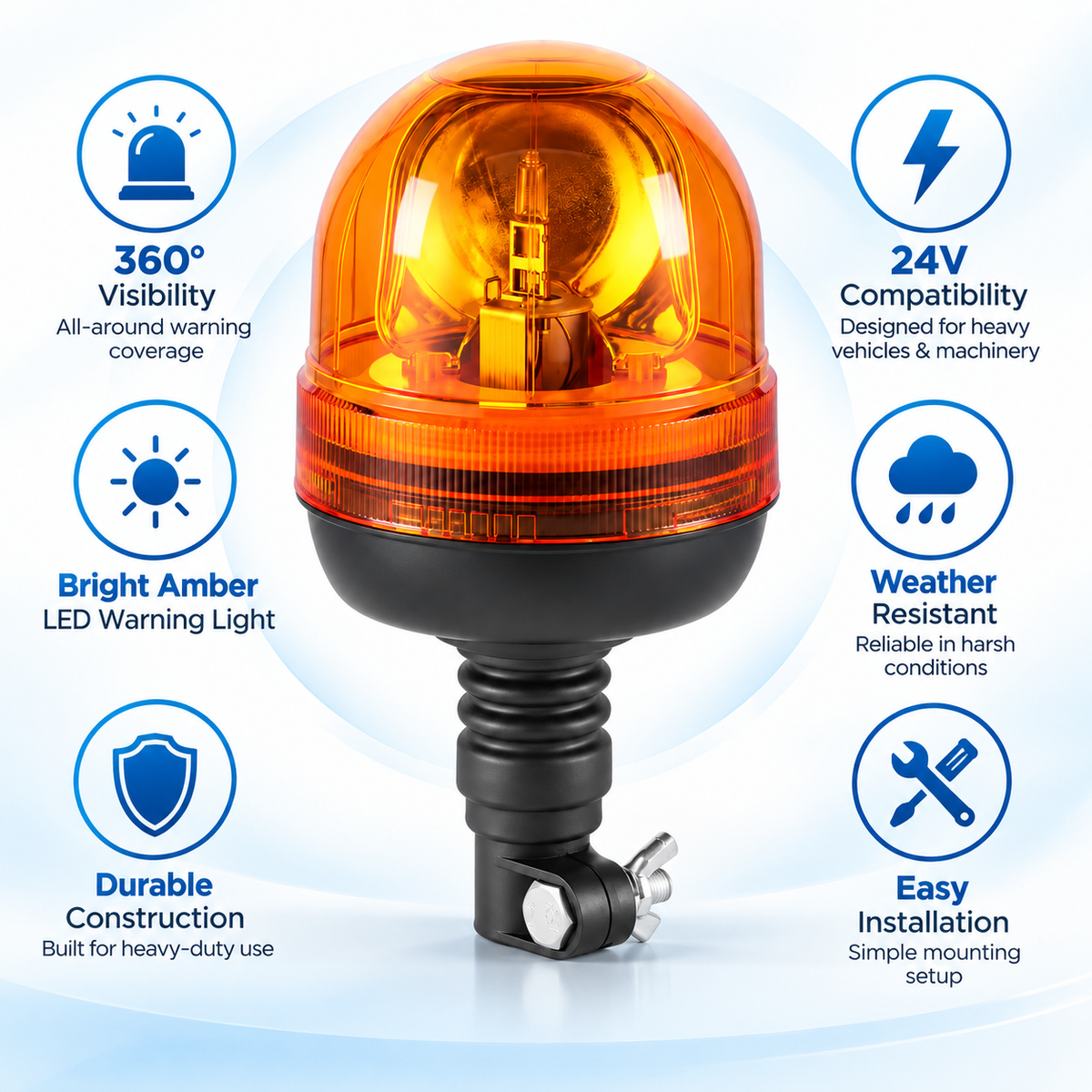 Flexible Pole Rotary Halogen Strobe Beacon | Amber Warning Light | Asad Spares