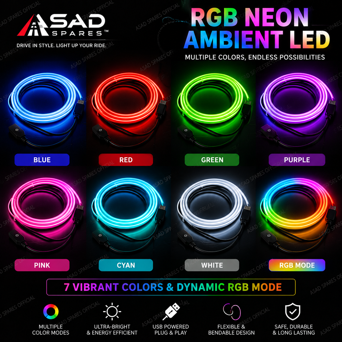 FN5 RGB Neon Ambient LED (USB 5V, Acrylic Glow, High Brightness)